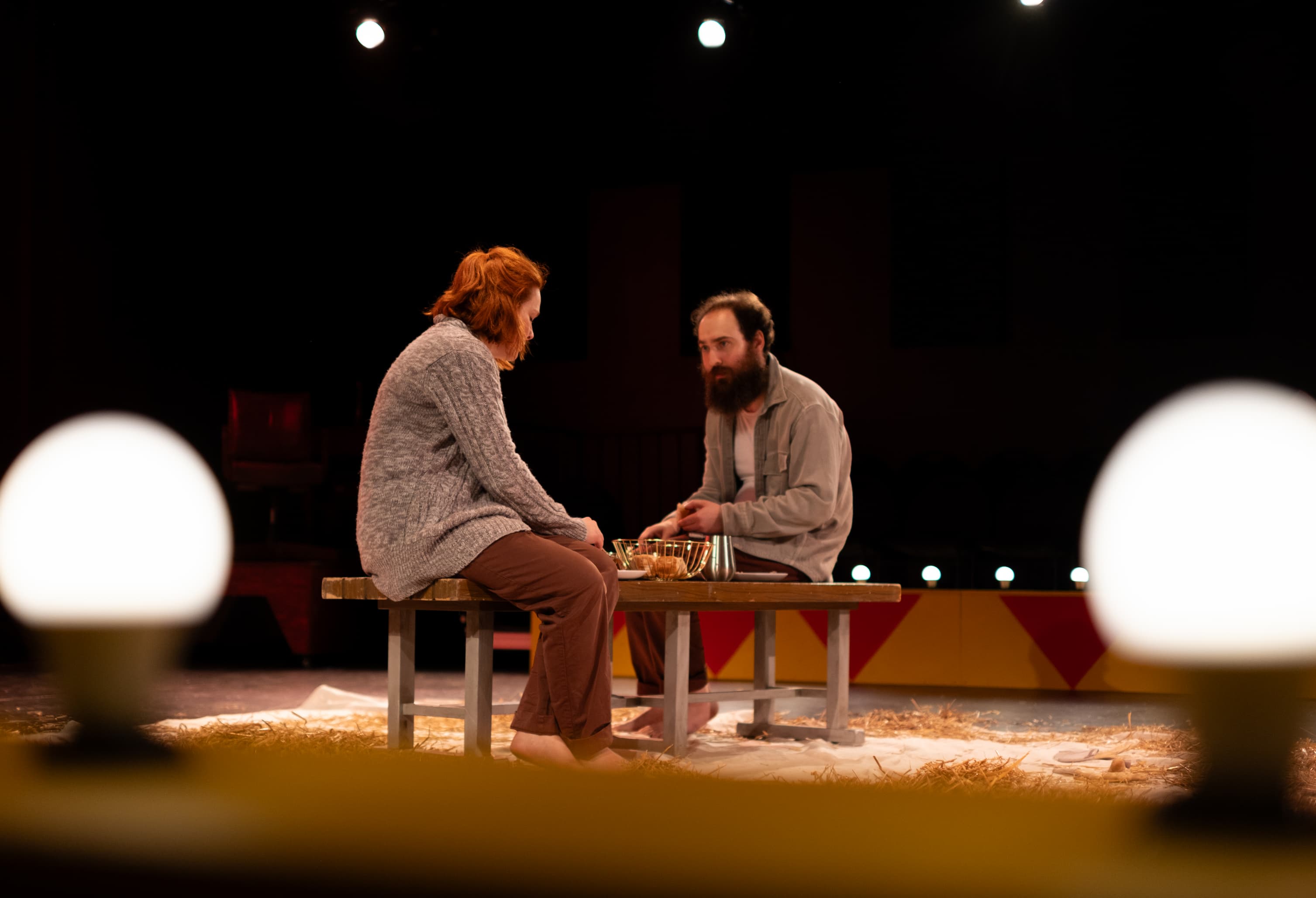 Actors Nicole Wilson and Hayden Finkelshtain in a theater scenario