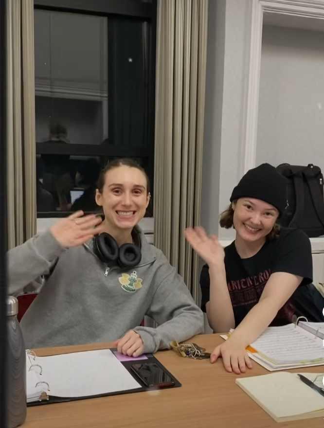 Autumn Rennie and stage manager, Sabrina Pye, waving at the camera