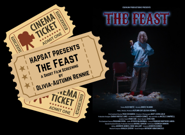 A promotional poster for the short film &amp;#039;The Feast,&amp;#039; directed by Olivia-Autumn Rennie. The right side of the image features a dark, eerie scene with a person wearing a blue sweater and dark pants, standing in a dimly lit room. The person has curly white h