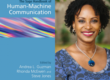 Left: Cover of The Sage Handbook of Human Machine Communication, blue background and white letters. Right: Picture of Dr. Rhonda McEwen 