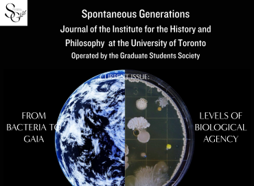Black background and white letters. Spontaneus Generations Logo. Image showing half of planet earth half of a petri dish
